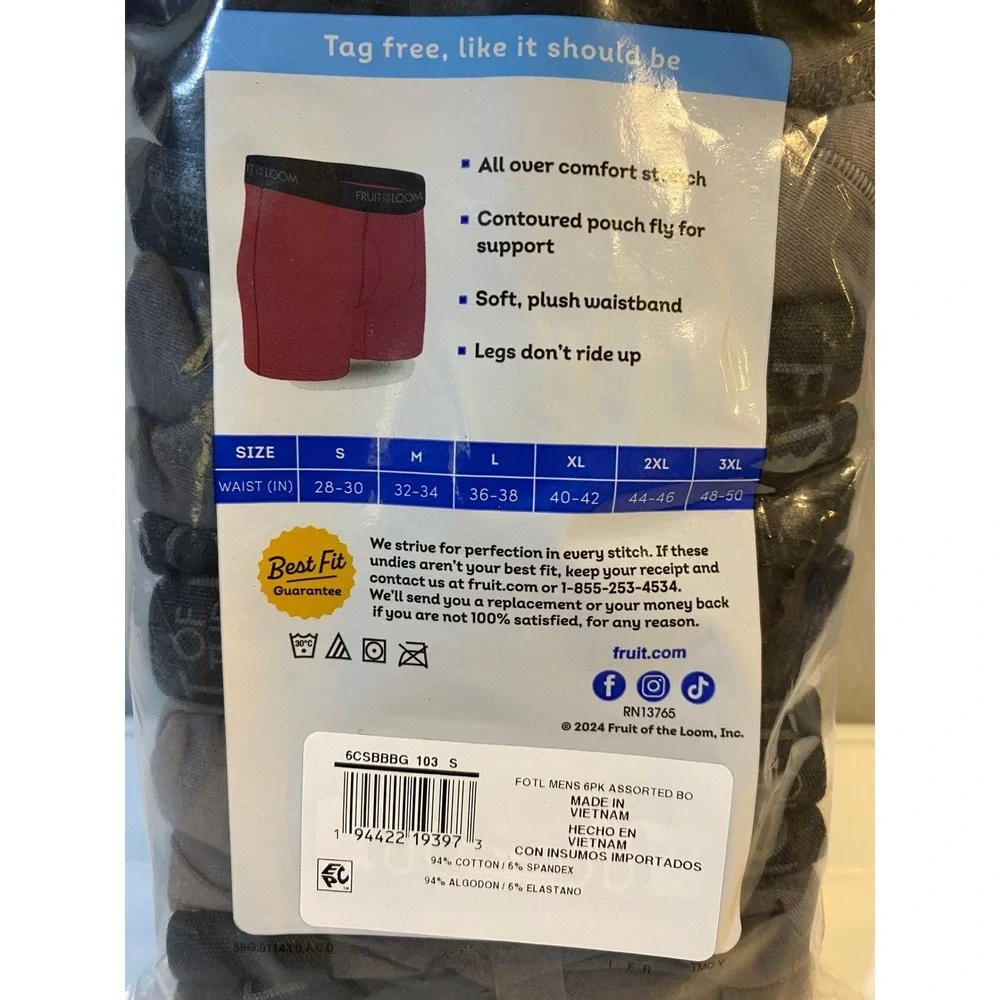 Fruit of the Loom Mens 6 Pack Cotton Stretch Boxer Briefs Black Grey Small 28-30